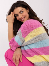 Pulover damă Plus Size cu dungi și mâneci 3/4- Roz multicolor