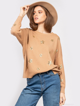 Pulover damă Plus Size elegant cu steluțe aurii- Bej Cafeniu