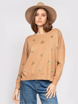 Pulover damă Plus Size elegant cu steluțe aurii- Bej Cafeniu