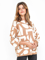 Pulover damă Plus Size jacquard cu motiv geometric- Camel/ Alb