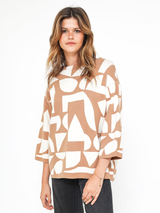 Pulover damă Plus Size jacquard cu motiv geometric- Camel/ Alb
