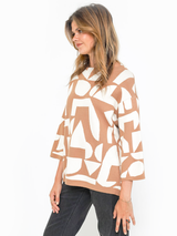 Pulover damă Plus Size jacquard cu motiv geometric- Camel/ Alb