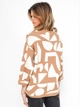 Pulover damă Plus Size jacquard cu motiv geometric- Camel/ Alb