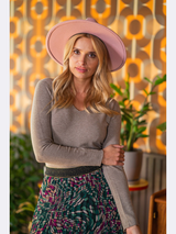 Pulover damă bazic cu decolteu în V- Bej melanj