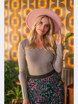 Pulover damă bazic cu decolteu în V- Bej melanj