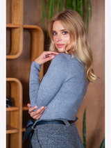 Pulover damă bazic cu decolteu în V- Gri melanj