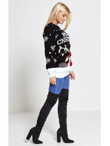 Pulover damă de Crăciun cu ren și pompon- Negru