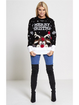 Pulover damă de Crăciun cu ren și pompon- Negru