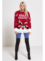 Pulover damă de Crăciun cu ren și pompon- Roșu