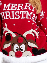 Pulover damă de Crăciun cu ren și pompon- Roșu