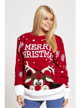 Pulover damă de Crăciun cu ren și pompon- Roșu