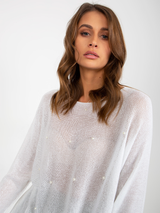 Pulover femei Marimi Mari cu perle ornament- Alb Ecru