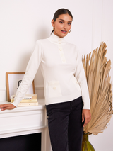 Pulover femei cu guler rulat și nasturi- Ecru