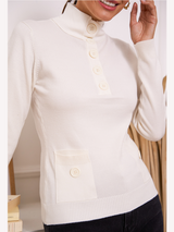 Pulover femei cu guler rulat și nasturi- Ecru