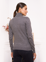Pulover femei cu guler rulat și nasturi- Gri melange