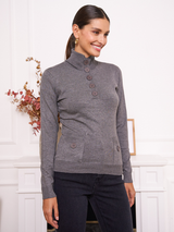 Pulover femei cu guler rulat și nasturi- Gri melange