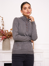 Pulover femei cu guler rulat și nasturi- Gri melange