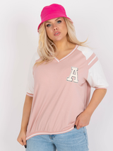 Bluză damă Plus Size cu mânecă raglan și aplicație- Roz/ Alb