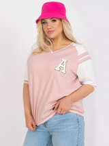 Bluză damă Plus Size cu mânecă raglan și aplicație- Roz/ Alb