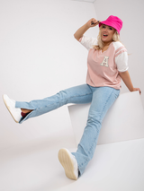 Bluză damă Plus Size cu mânecă raglan și aplicație- Roz/ Alb