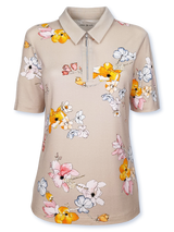 Bluză damă bej cu flori și guler tip camașă