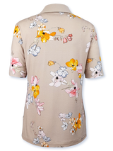 Bluză damă bej cu flori și guler tip camașă