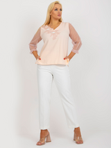 Bluză damă elegantă Mărimi Mari cu broderie și mâneci din tull- Roz Piersică