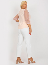 Bluză damă elegantă Mărimi Mari cu broderie și mâneci din tull- Roz Piersică