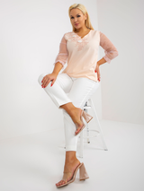 Bluză damă elegantă Mărimi Mari cu broderie și mâneci din tull- Roz Piersică