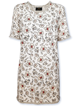 Bluză damă tip tunică crem cu motiv floral și franjuri