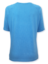 Bluză damă tricotată fin turcoaz cu panou floral imprimat