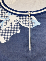 Bluză femei bleumarin cu flori și bentițe tricotate