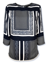 Bluză femei bleumarin cu motiv panouri și mărgele la terminație