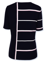 Bluză femei tricotată fin bleumarin cu dungi fantezie roz-alb