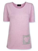 Bluză femei tricotată fin roz cu ornament inimă pe buzunar