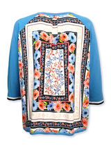 Cardigan damă tricotat turcoaz cu panou floral imprimat