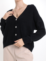 Cardigan femei lejer cu nasturi strass- negru