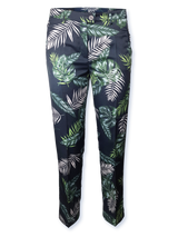 Pantaloni femei imprimați bleumarin cu frunze grafice