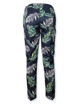 Pantaloni femei imprimați bleumarin cu frunze grafice