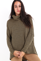 Pulover femei cu carouri mici negru-bej