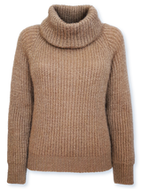 Pulover femei maro camel cu guler înalt și aspect striat