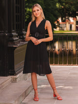 Rochie damă elegantă midi plisată cu curea- Negru