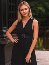 Rochie damă elegantă midi plisată cu curea- Negru