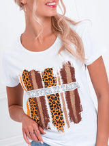 Tricou damă bumbac cu animal print- Alb