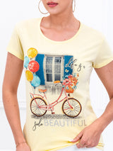 Tricou damă bumbac cu print Beautiful - Galben