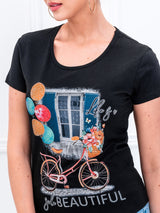 Tricou damă bumbac cu print Beautiful - Negru