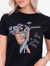 Tricou damă bumbac cu print Summer- Negru