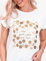 Tricou damă bumbac cu print auriu- Alb