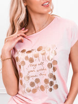 Tricou damă bumbac cu print auriu- Roz