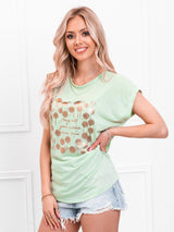Tricou damă bumbac cu print auriu- Verde Deschis